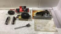 SHOP BOX WITH FOLDING ALLEN WRENCH, STEEL WIRE BRUSH, RUST STRIPPER, MAGNETIC AND MISC