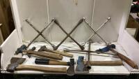BASKET WITH 4 WAY LUG NUT WRENCH, VARIOUS HAMMERS & HATCHETS