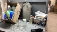 (2)BOXES - IRON, GRIDDLE, MEASURING CUPS, GRATER, CUPS