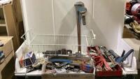 BASKET WITH GREASE GUN, NUTS, WRENCHES, BRUSH, HINGES, CHALK LINE REEL, HOOKS AND MISC