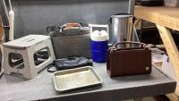 FOLDING STOOL, COFFEE PERK- 30 CUP, PURSES, WATER JUG, TRAY