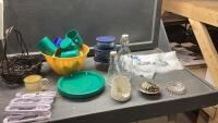 PLASTIC PLATES, GLASS CONTAINERS, PLASTIC CUPS, DECOR ITEMS