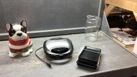 WAFFLE MAKER, GLASS PITCHER, DOG COOKIE JAR