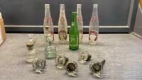 (5) GLASS DOOR KNOBS, CALGARY BEER BOTTLES, 7-UP BOTTLE, MEDICINE BOTTLES