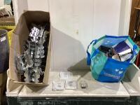 SHOP BOX W/ OUTLETS PLUGS, OUTLET COVERS, JOIST HANGER, SWITCH BOX & MISC