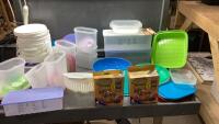 LAUNDRY BASKET + BOX OF MOSTLY TUPPERWARE + TORTILLA SHAPERS