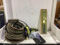 SHOP BOX W/ VARIOUS BELTS, STRAPS, EXTENSION LEAD-IN-CABLE & MISC