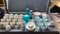(2)BOXES -IKEA COFFEE MUGS + SOPHIE CONRAN MUGS + GLASSES, PLASTIC PLATES, BOWLS,