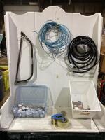 SHOP BOX W/ INTEL RUBBER HOSE, CANDLES, TAPE ROLLER, BOW SAW & MISC
