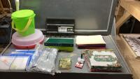 BOX W/VEGGIE CONTAINER, TUPPERWARE BUCKET, FILES, ORGANIZER, TREAT BOXES, BINDERS