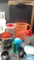 (2)BOXES - PLASTIC CONTAINERS, WATER/JUICE JUGS, KITCHEN UTENSILS, CUTLERY TRAY