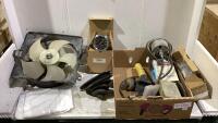 SHOP BOX W/ AUTOMOTIVE PARTS, VACUUM PUMP, FAN & MISC