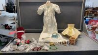 BOX W/ VINTAGE ITEMS - BABY CHRISTIANING DRESS, WADE ORNAMENTS, SNAP ON LAMP SHADE, CABINET HARDWARE