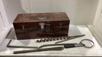 TOOL BOX WITH DRILL BIT, BOLTS, FILES, HINGE & MISC