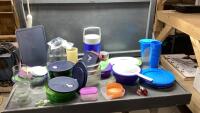 (2) BOXES- MOSTLY TUPPERWARE - PLATES, GLASSES, PITCHER, STORAGE CONTAINERS