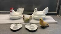 WHITE GLASS HEN & ROOSTER COVERED DISHES & OTHER CHICKEN DECOR