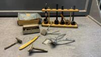 PIPE STAND W/ PIPES, VINTAGE RAZORS, HAND CLIPPERS & STRAIGHT RAZOR