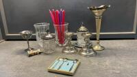 BOX OF MISC COLLECTIBLES - SILVERPLATE, GLASS CANDLE HOLDERS,