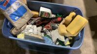 SHOP BOX W/ SPONGES, BURLAP, TOWELS, TOOLS, ADHESIVE TROWELS, WET TILE DIAMOND BLADES, ROTARY TOOL & MISC& MISC