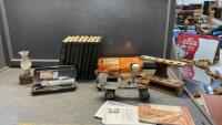 OLD LEATHER BOUND ENCYCLOPEDIA&rsquo;S, PIPE STAND (MISSING DRAWER), SEARS ROLLER SKATES, MEDICAL INSPECTION DEVICE