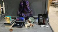 BOX W/DVD&rsquo;S, PORTABLE DVD PLAYER, PURPLE BACKPACK