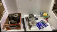 SHOP BOX W/ TAPES, BRUSHES, GASKET MAKER & MISC