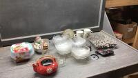 BOX W/PLASTIC CONTAINERS, VINTAGE ALARM CLOCK, GLASS BOWLS