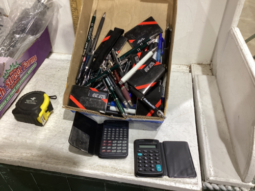 PENS,TAPE MEASURE,RAIN GAUGE