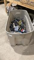 TOTE WITH CABLES, SMALL SPEAKERS, REMOTES, CORDLESS PHONE