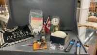 BULOVA ANNIVERSARY CLOCK, OSTRICH EGG (CRACKED), BRASS BELL, SMALL GEODE, ANTIQUE TAPE DISPENSER, VINTAGE SINGER SEWING SUPPLIES