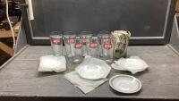 BOX OF PLATES/GLASS CUPS