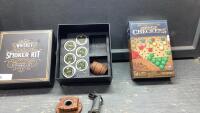 (2)ITEMS- CHINESE CHECKERS + PARTIAL WHISKEY SMOKER KIT