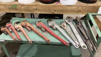 BUCKET OF PIPE WRENCHES, ADJUSTABLE WRENCH & METAL BARS