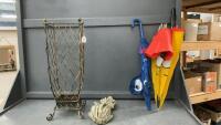 METAL UMBRELLA STAND W/ (3) UMBRELLAS