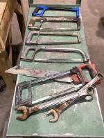 BUCKET W/ HACKSAWS , WRENCHES, HAND SAW & MISC