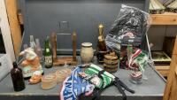 LIQUOR RELATED ITEMS & SOME VINTAGE POP BOTTLES IN TOTE