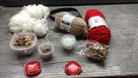 BAG OF ASSORTED YARN , CROCHET HOOK, CRAFTING ITEMS