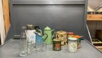 ASSORTED VINTAGE ITEMS - TINS, GREEN ENAMEL COFFEE POT, CORNINGWARE CARAFE, A&W MUGS
