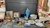 BIN W/ MISC COLLECTIBLES - COLLECTOR PLATES, PEDICURE SET, HORSE PICTURES, CERAMIC BLUE BOY STATUE, ONE HORSE BRASS ETC