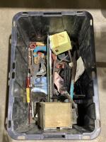 TOTE W/ SAW, NAILS, FLOOR JACK HANDLE & MISC