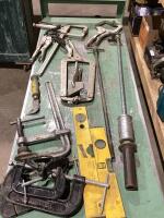 BUCKET W/ VISE GRIPS, CLAMPS, LEVELS, FLOORING KNIFE & MISC