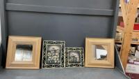 (2) SMALL MIRRORS & (2) 3-D STYLE FLORAL PICTURES ON PORCELAIN W/ METAL FRAMES
