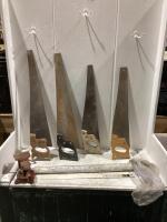 TOTE W/ HAND SAWS, MAGNETIC HOOKS, BENCH VISE & MISC
