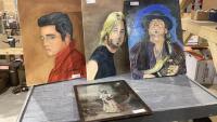 (4) PICTURES - 3 PAINTINGS -ELVIS, SMUG , STEVE RAY PLUS A FRAMES PRINT OF A WOMAN