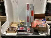 SHOP BOX W/ SECURITY LOCK, REFLECTORS, TRAILER REPAIR PARTS & MISC