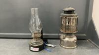 WALL MOUNT KEROSENE LAMP W/GLASS BASE & GAS LANTERN