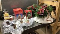(2) ITEMS- CHRISTMAS SWAG, MUSIC BOX, WOOD FIGURE, FIGURINES, CANDLE, TREE STAND