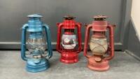(3) SMALL LANTERNS - BLUE DIETZ, RED ONE W/ PAINTED GLOBE & RUSTIC ONE