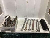 TOTE W/ VARIOUS WRENCHES & MESH WALL ORGANIZER