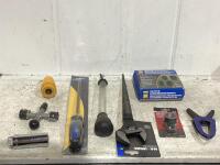 SHOP BOX WITH FILE SAW, SPUD WRENCH, LOCKING WHEEL NUT REMOVERS AND MISC